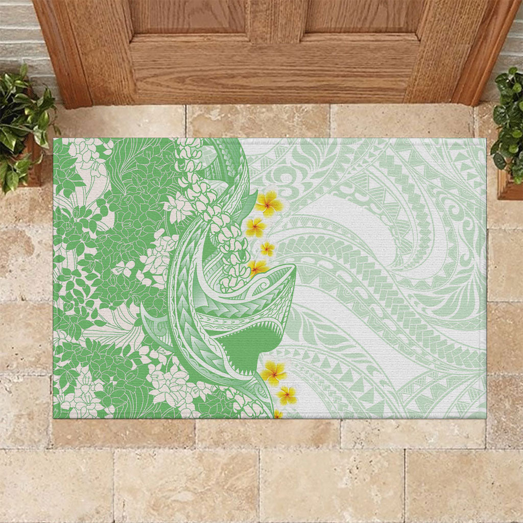 Green Hawaii Shark Tattoo Rubber Doormat Puakenikeni Lei Plumeria Polynesian Pattern