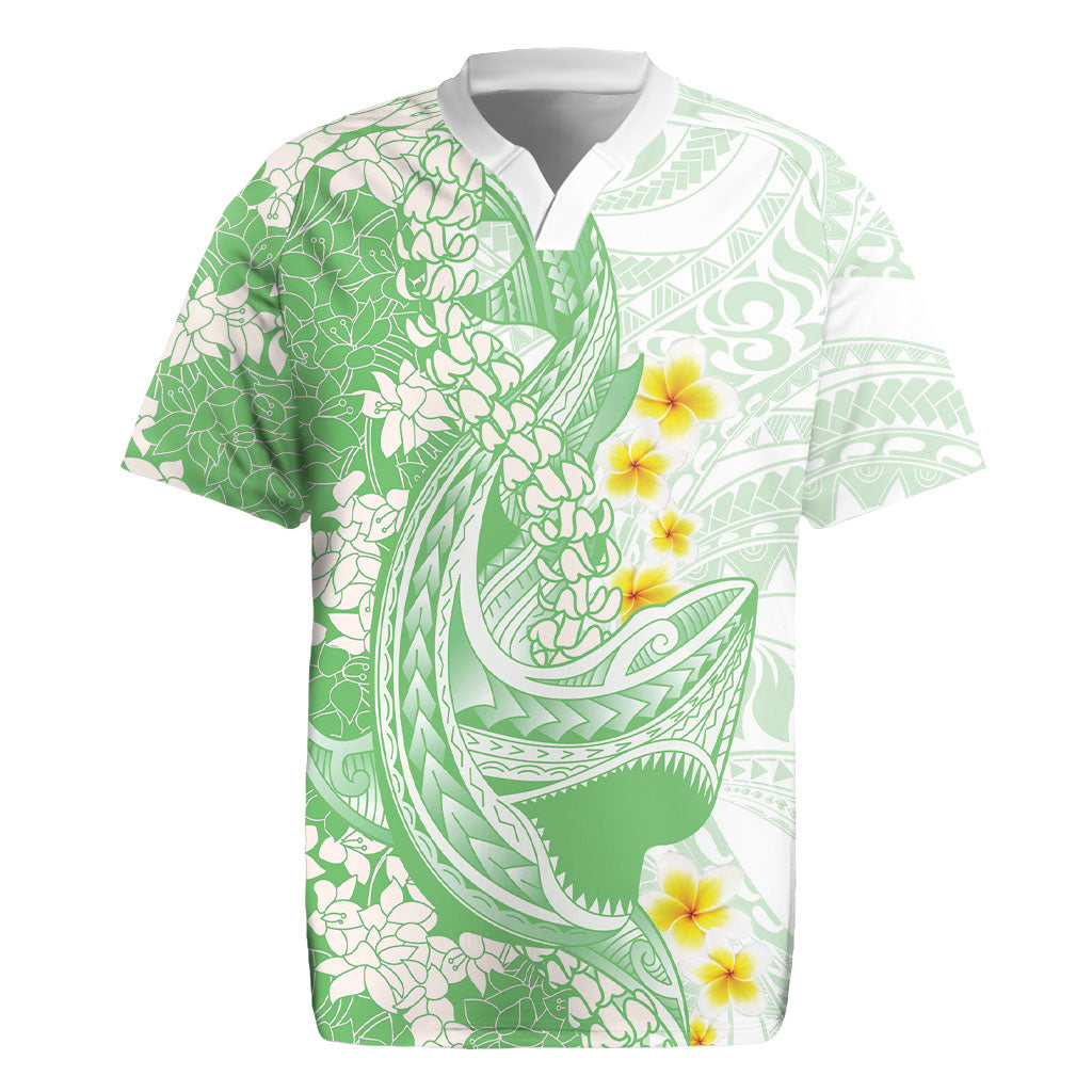 Green Hawaii Shark Tattoo Rugby Jersey Puakenikeni Lei Plumeria Polynesian Pattern