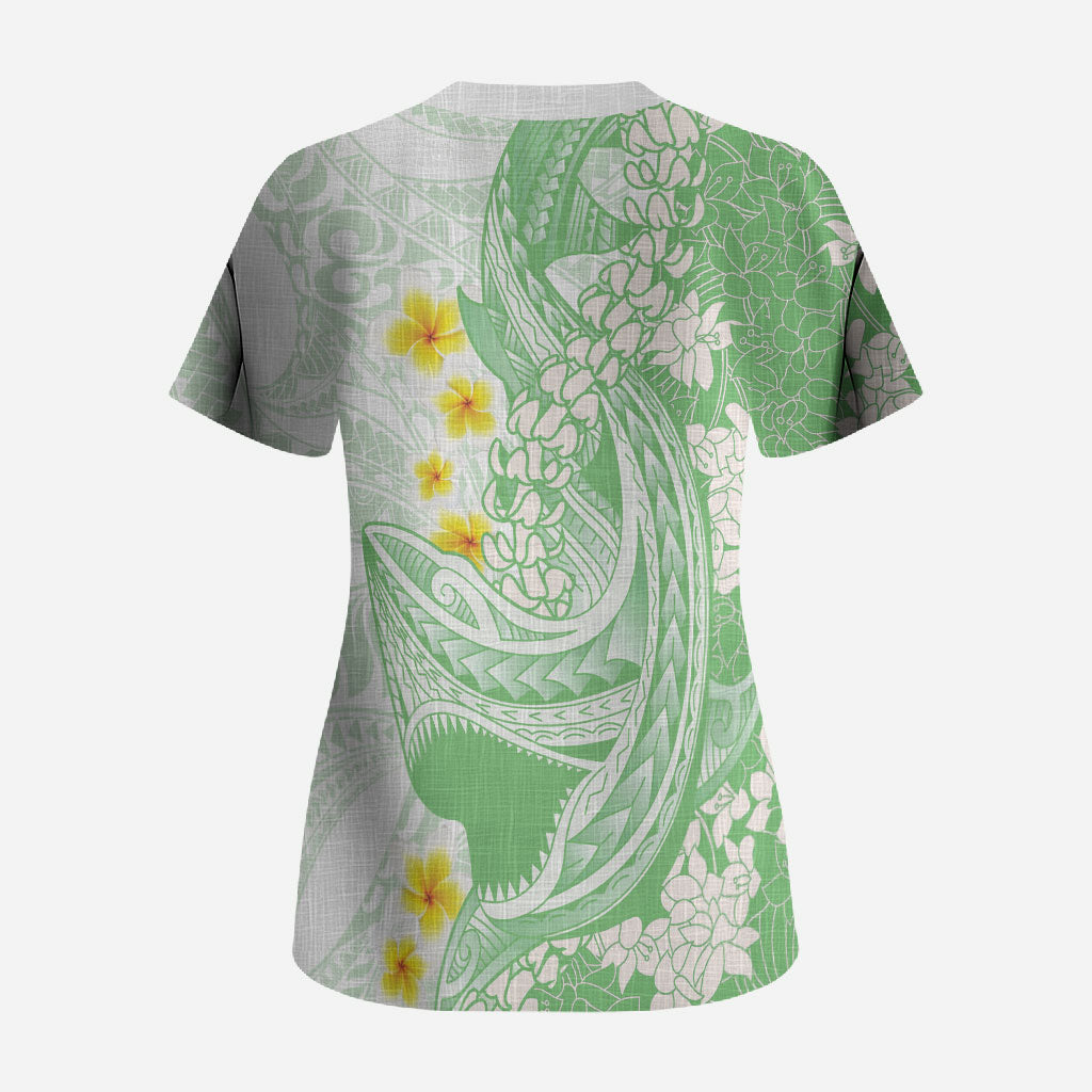 Green Hawaii Shark Tattoo Scrub Top Puakenikeni Lei Plumeria Polynesian Pattern