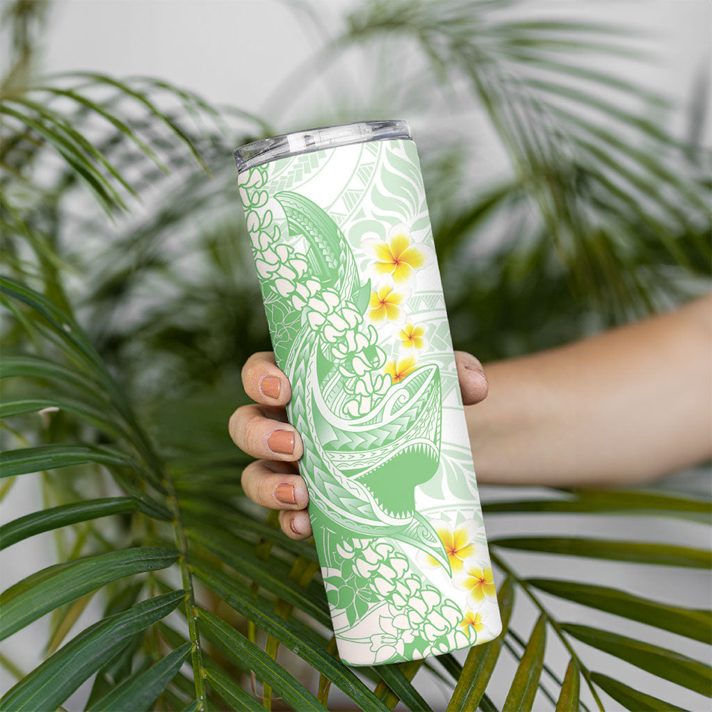 Green Hawaii Shark Tattoo Skinny Tumbler Puakenikeni Lei Plumeria Polynesian Pattern LT14 - Polynesian Pride