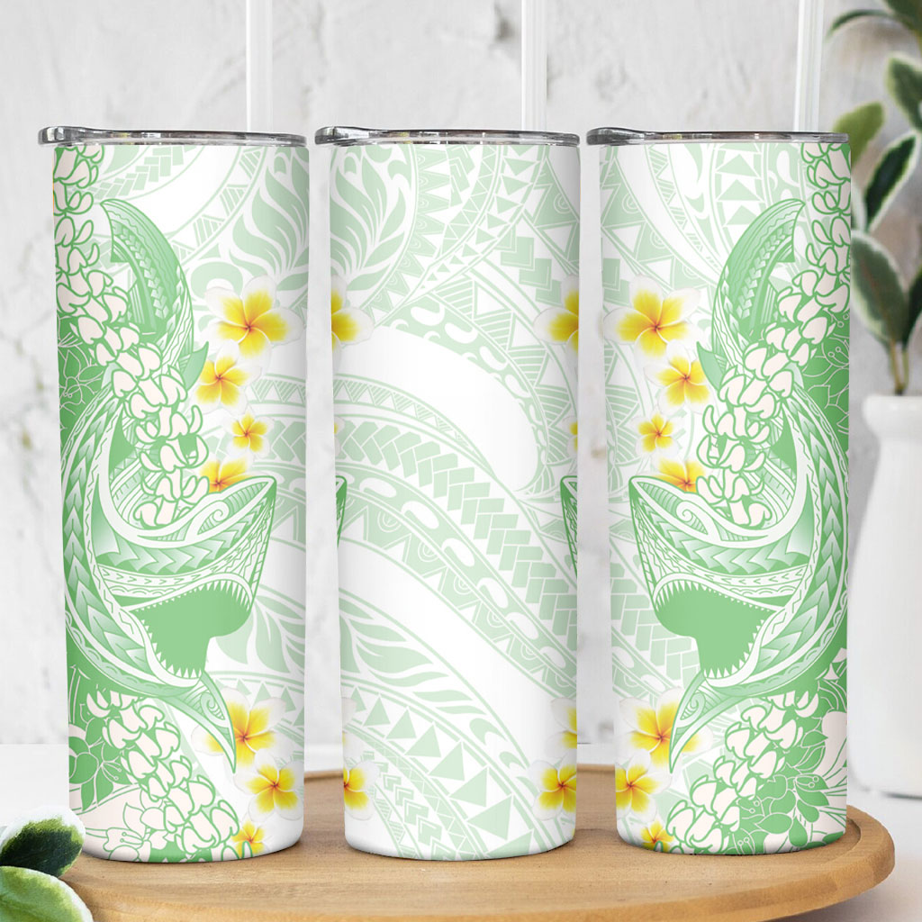Green Hawaii Shark Tattoo Skinny Tumbler Puakenikeni Lei Plumeria Polynesian Pattern LT14 - Polynesian Pride