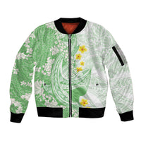 Green Hawaii Shark Tattoo Sleeve Zip Bomber Jacket Puakenikeni Lei Plumeria Polynesian Pattern