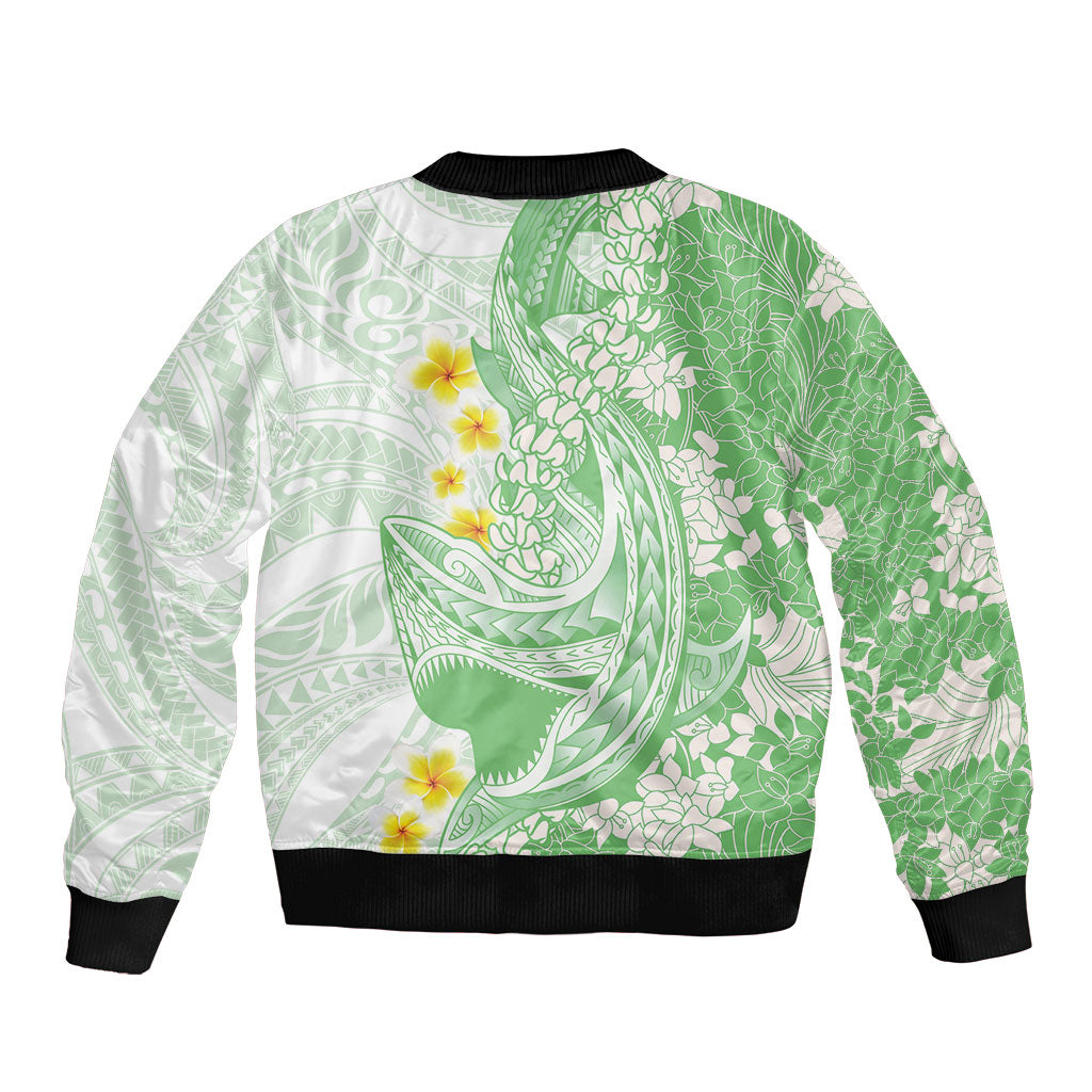 Green Hawaii Shark Tattoo Sleeve Zip Bomber Jacket Puakenikeni Lei Plumeria Polynesian Pattern