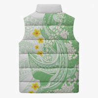 Green Hawaii Shark Tattoo Sleeveless Puffer Jacket Puakenikeni Lei Plumeria Polynesian Pattern