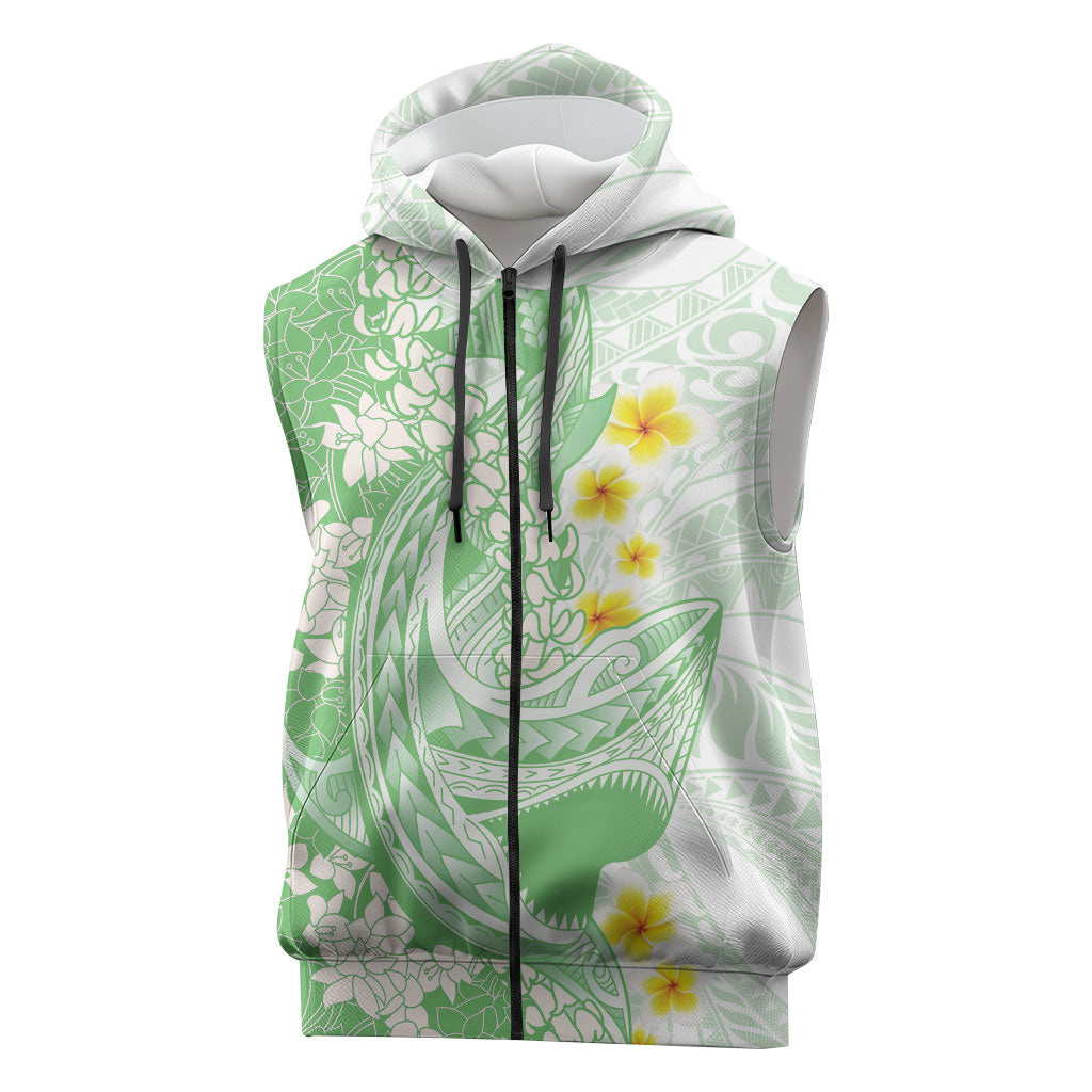 Green Hawaii Shark Tattoo Sleeveless Zip Hoodie Puakenikeni Lei Plumeria Polynesian Pattern