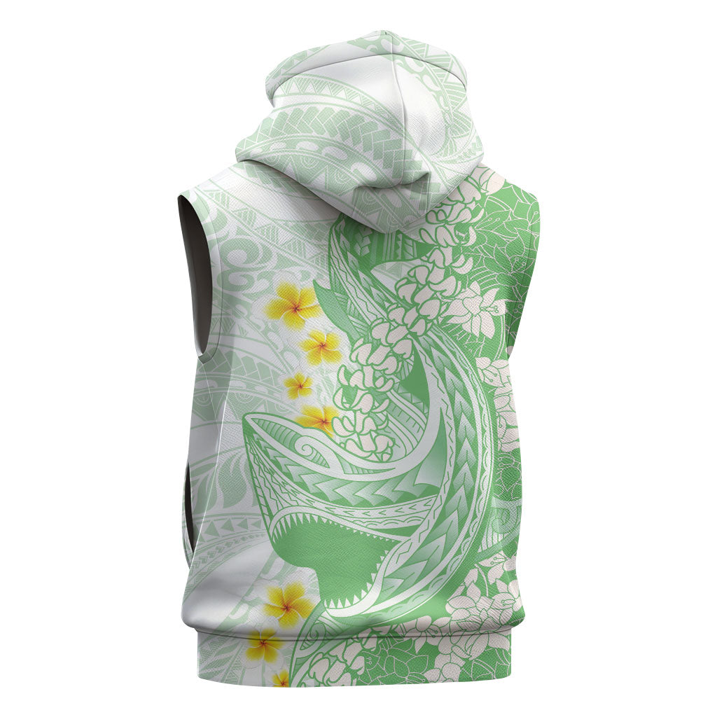 Green Hawaii Shark Tattoo Sleeveless Zip Hoodie Puakenikeni Lei Plumeria Polynesian Pattern