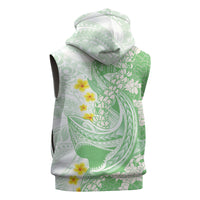 Green Hawaii Shark Tattoo Sleeveless Zip Hoodie Puakenikeni Lei Plumeria Polynesian Pattern