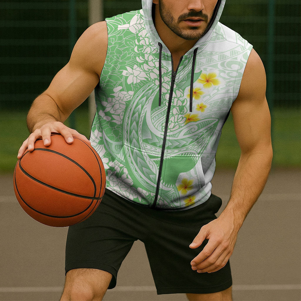 Green Hawaii Shark Tattoo Sleeveless Zip Hoodie Puakenikeni Lei Plumeria Polynesian Pattern