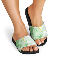 Green Hawaii Shark Tattoo Slide Sandals Puakenikeni Lei Plumeria Polynesian Pattern
