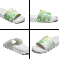 Green Hawaii Shark Tattoo Slide Sandals Puakenikeni Lei Plumeria Polynesian Pattern