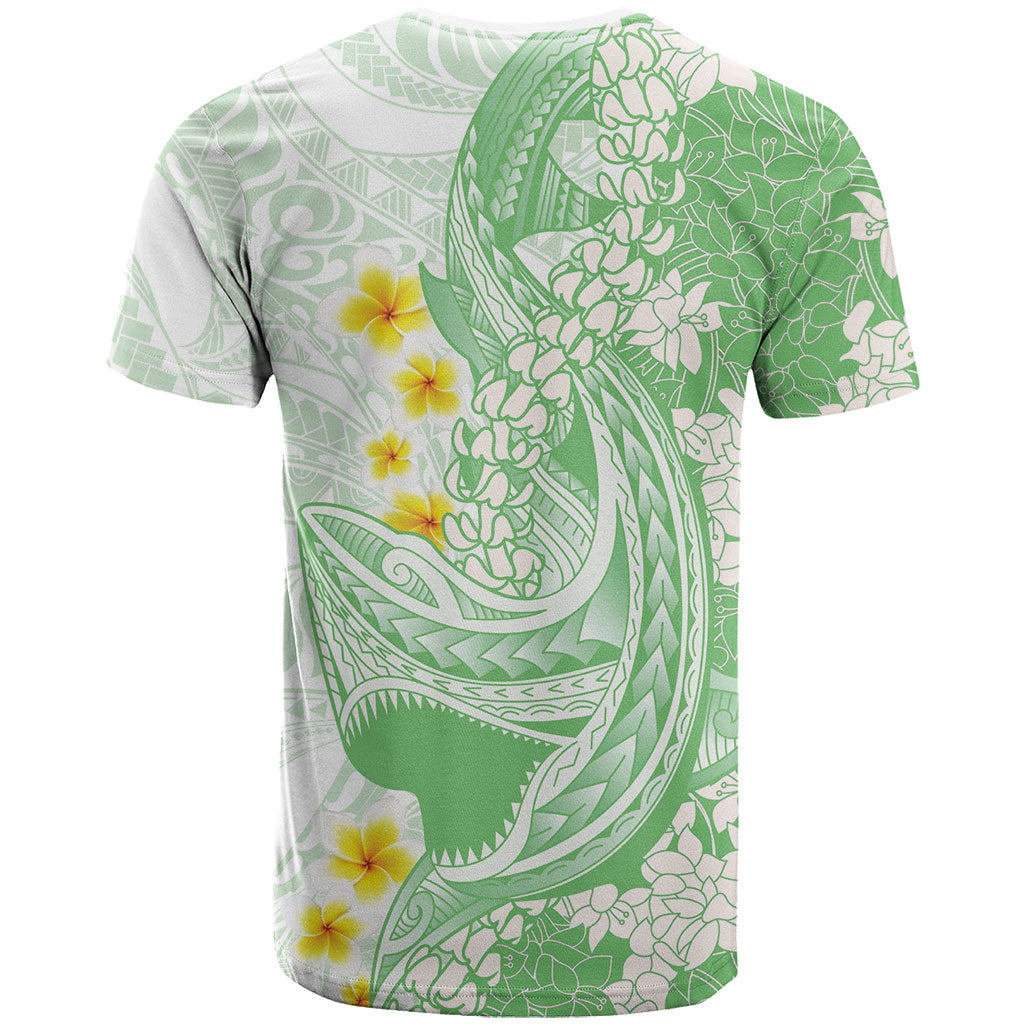 Green Hawaii Shark Tattoo T Shirt Puakenikeni Lei Plumeria Polynesian Pattern