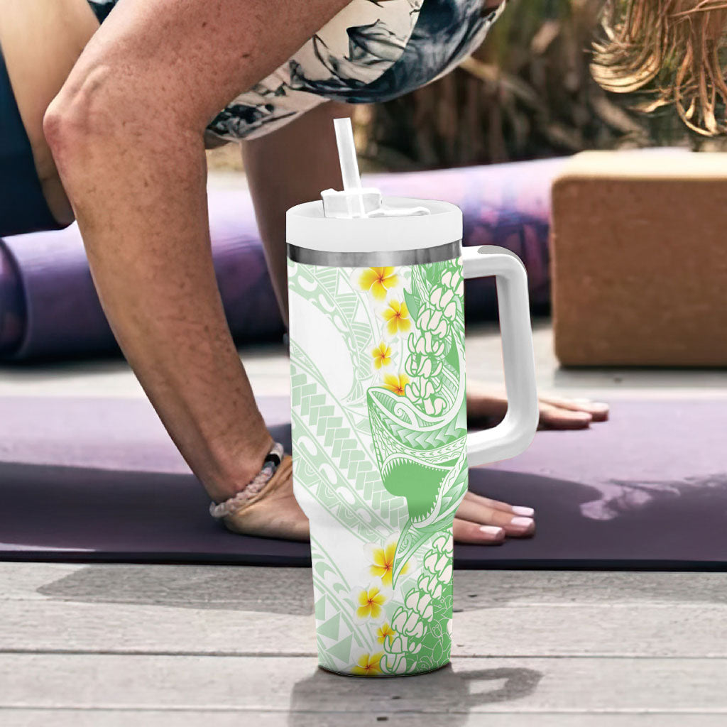 Green Hawaii Shark Tattoo Tumbler With Handle Puakenikeni Lei Plumeria Polynesian Pattern LT14 - Polynesian Pride