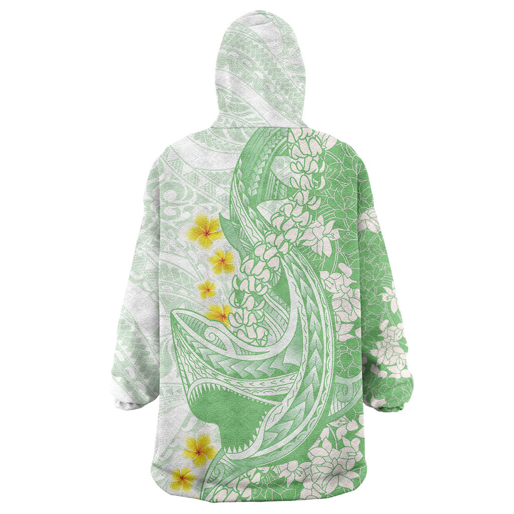 Green Hawaii Shark Tattoo Wearable Blanket Hoodie Puakenikeni Lei Plumeria Polynesian Pattern