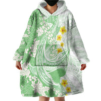 Green Hawaii Shark Tattoo Wearable Blanket Hoodie Puakenikeni Lei Plumeria Polynesian Pattern