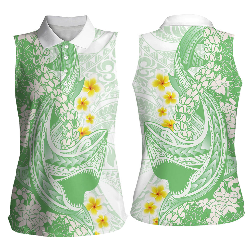Green Hawaii Shark Tattoo Women Sleeveless Polo Shirt Puakenikeni Lei Plumeria Polynesian Pattern LT14 - Polynesian Pride