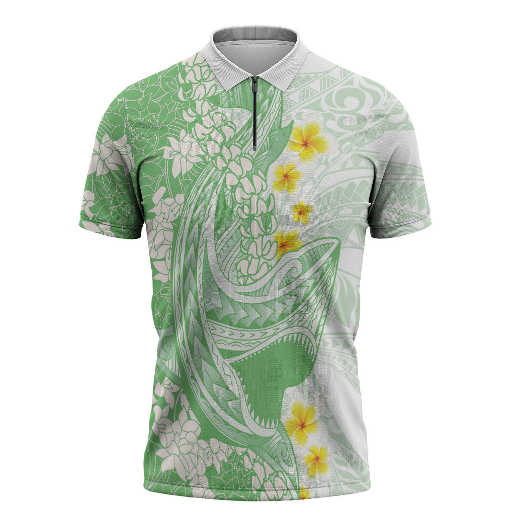 Green Hawaii Shark Tattoo Zipper Polo Shirt Puakenikeni Lei Plumeria Polynesian Pattern