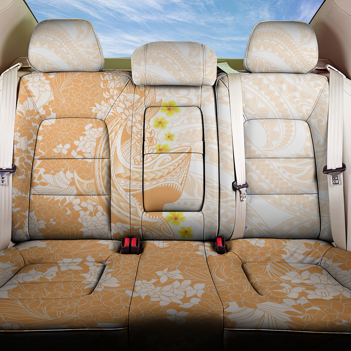 Orange Hawaii Shark Tattoo Back Car Seat Cover Puakenikeni Lei Plumeria Polynesian Pattern