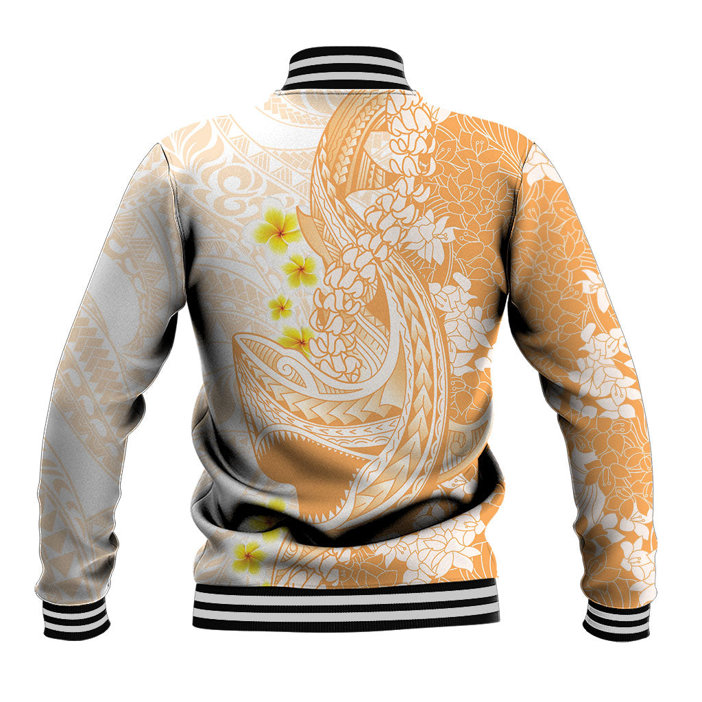 Orange Hawaii Shark Tattoo Baseball Jacket Puakenikeni Lei Plumeria Polynesian Pattern