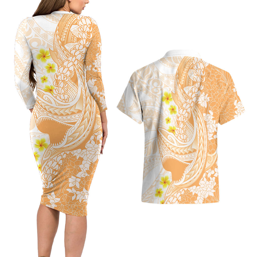 Orange Hawaii Shark Tattoo Couples Matching Long Sleeve Bodycon Dress and Hawaiian Shirt Puakenikeni Lei Plumeria Polynesian Pattern LT14 - Polynesian Pride
