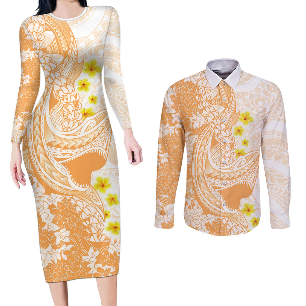 Orange Hawaii Shark Tattoo Couples Matching Long Sleeve Bodycon Dress and Long Sleeve Button Shirt Puakenikeni Lei Plumeria Polynesian Pattern LT14 Orange - Polynesian Pride