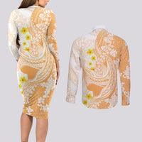 Orange Hawaii Shark Tattoo Couples Matching Long Sleeve Bodycon Dress and Long Sleeve Button Shirt Puakenikeni Lei Plumeria Polynesian Pattern LT14 - Polynesian Pride