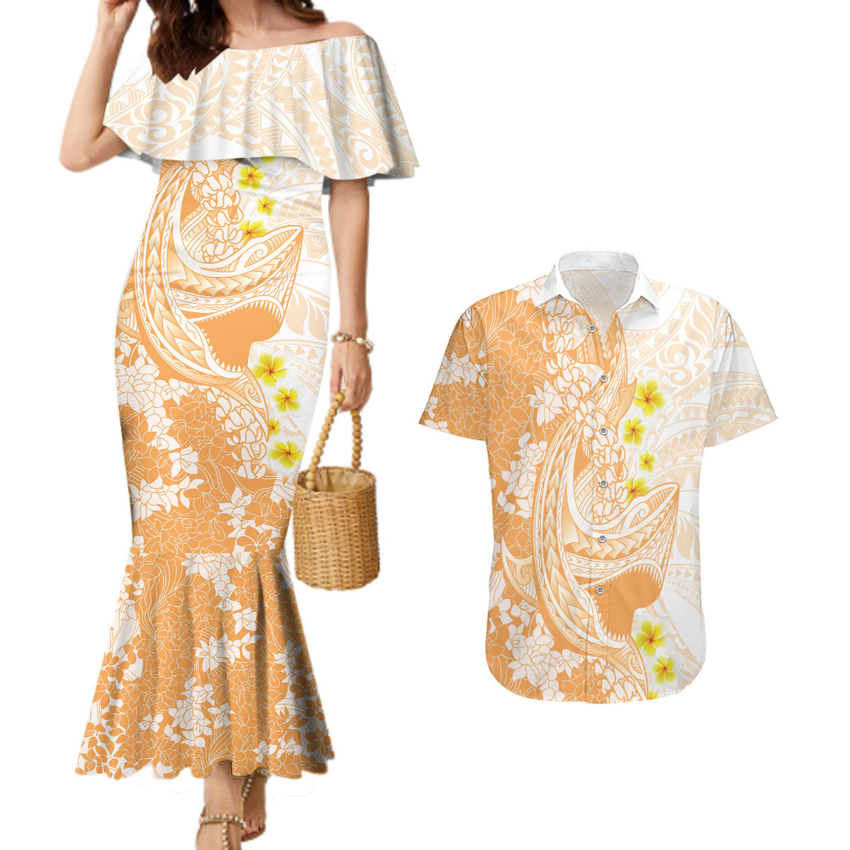 Orange Hawaii Shark Tattoo Couples Matching Mermaid Dress and Hawaiian Shirt Puakenikeni Lei Plumeria Polynesian Pattern LT14 Orange - Polynesian Pride
