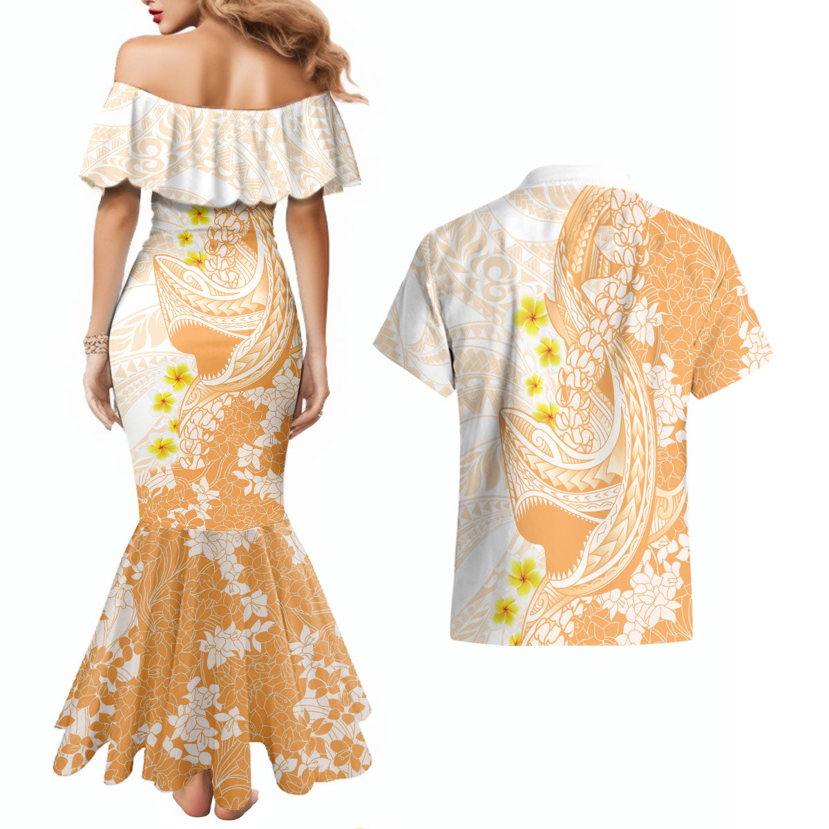 Orange Hawaii Shark Tattoo Couples Matching Mermaid Dress and Hawaiian Shirt Puakenikeni Lei Plumeria Polynesian Pattern LT14 - Polynesian Pride