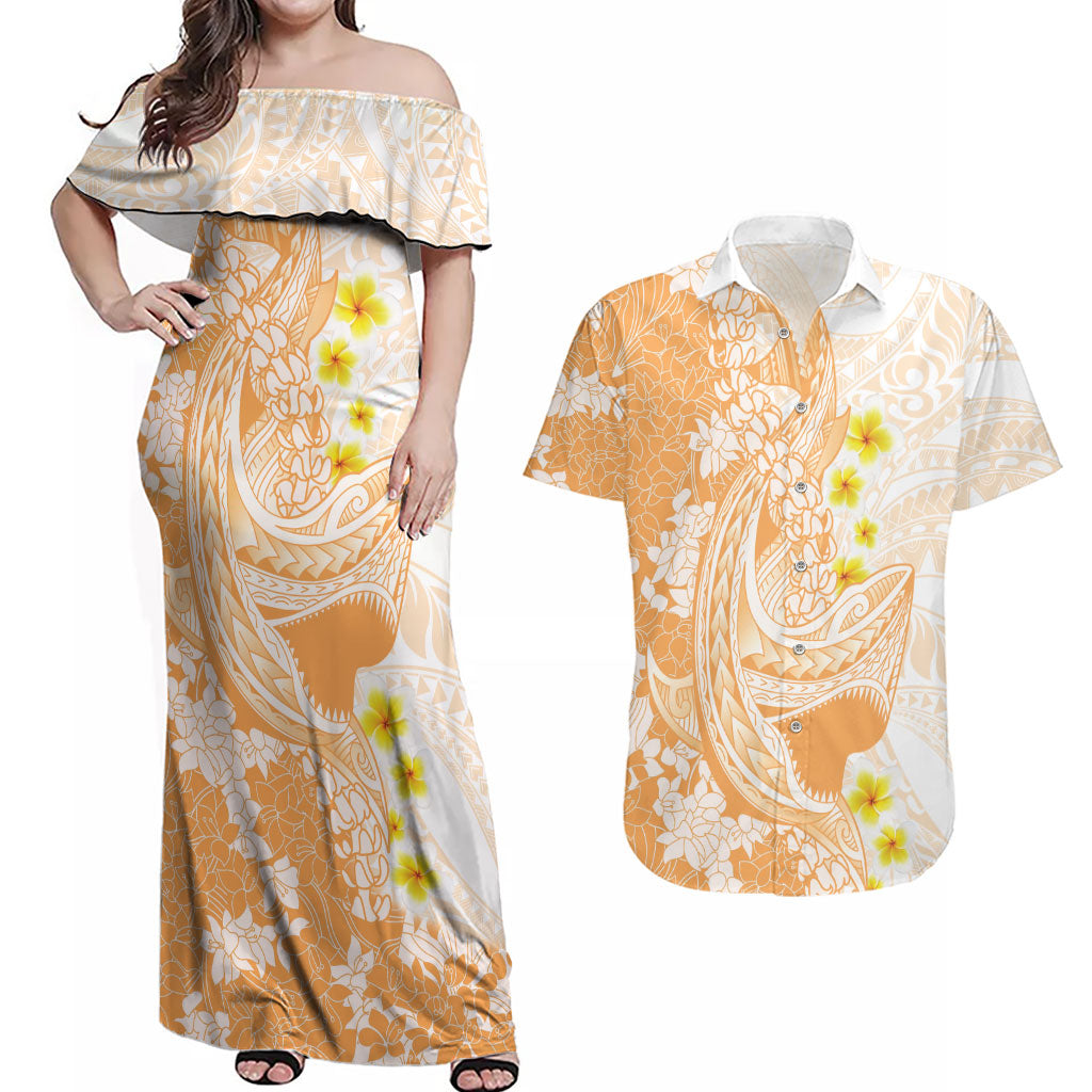 Orange Hawaii Shark Tattoo Couples Matching Off Shoulder Maxi Dress and Hawaiian Shirt Puakenikeni Lei Plumeria Polynesian Pattern LT14 Orange - Polynesian Pride