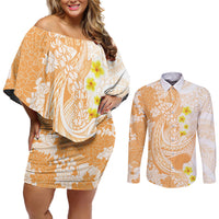 Orange Hawaii Shark Tattoo Couples Matching Off Shoulder Short Dress and Long Sleeve Button Shirt Puakenikeni Lei Plumeria Polynesian Pattern