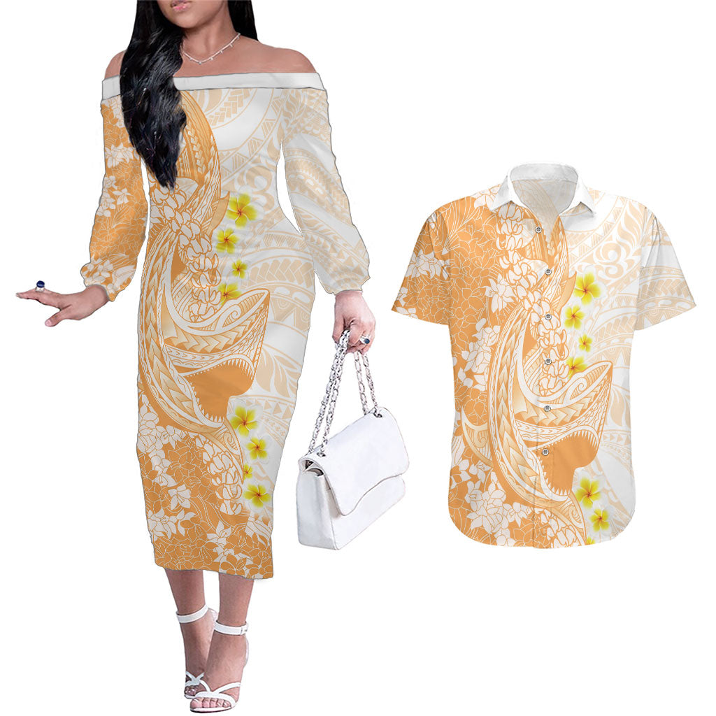 Orange Hawaii Shark Tattoo Couples Matching Off The Shoulder Long Sleeve Dress and Hawaiian Shirt Puakenikeni Lei Plumeria Polynesian Pattern LT14 Orange - Polynesian Pride