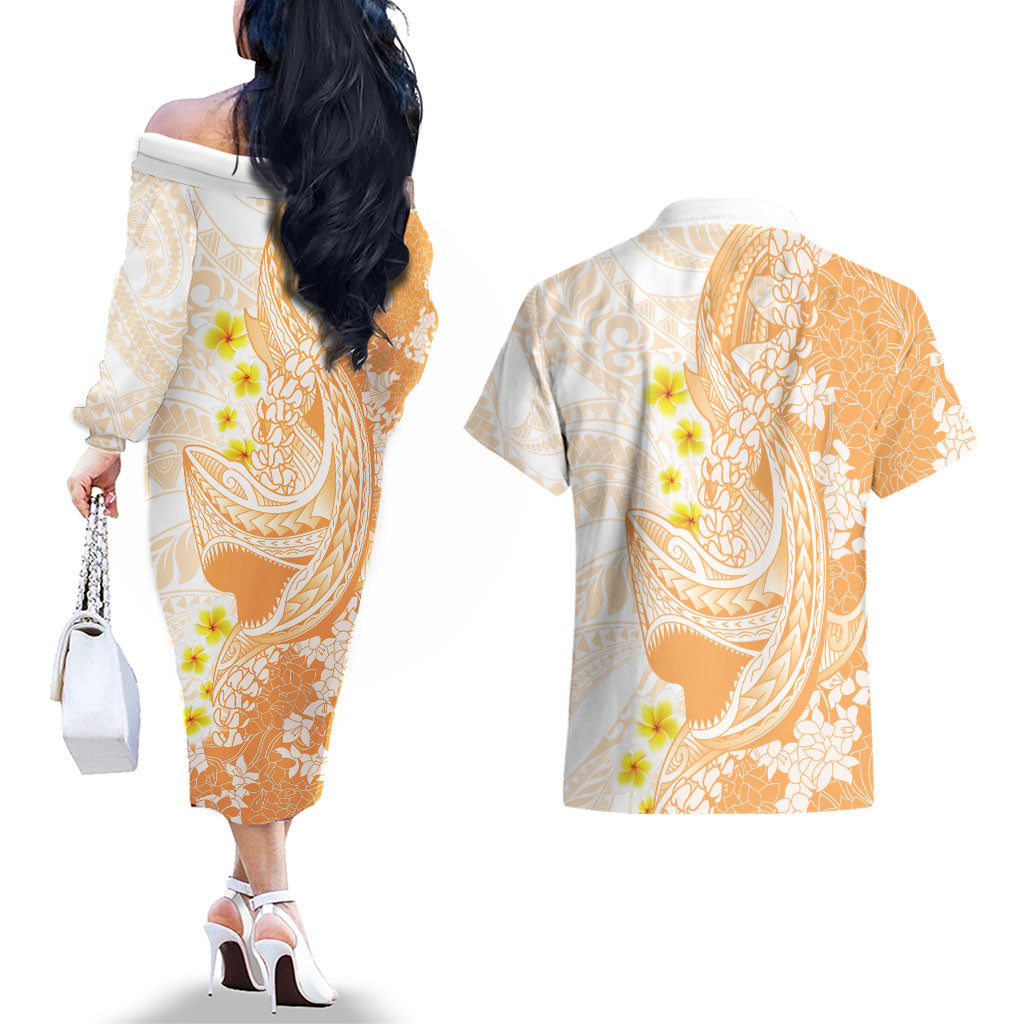 Orange Hawaii Shark Tattoo Couples Matching Off The Shoulder Long Sleeve Dress and Hawaiian Shirt Puakenikeni Lei Plumeria Polynesian Pattern LT14 - Polynesian Pride
