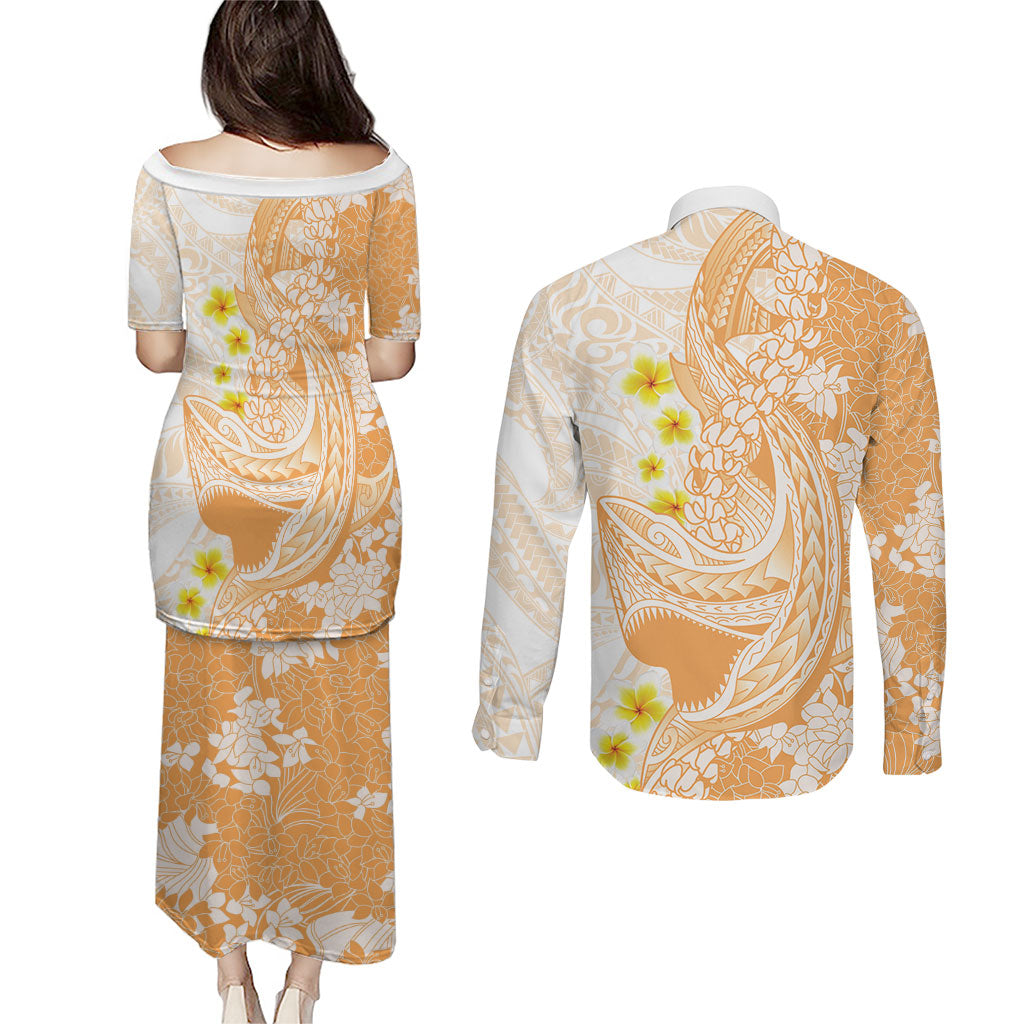 Orange Hawaii Shark Tattoo Couples Matching Puletasi and Long Sleeve Button Shirt Puakenikeni Lei Plumeria Polynesian Pattern