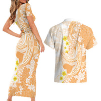 Orange Hawaii Shark Tattoo Couples Matching Short Sleeve Bodycon Dress and Hawaiian Shirt Puakenikeni Lei Plumeria Polynesian Pattern LT14 - Polynesian Pride