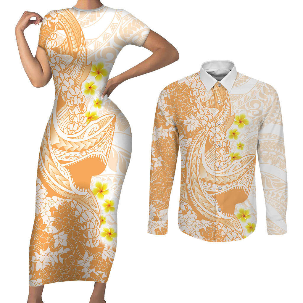 Orange Hawaii Shark Tattoo Couples Matching Short Sleeve Bodycon Dress and Long Sleeve Button Shirt Puakenikeni Lei Plumeria Polynesian Pattern LT14 Orange - Polynesian Pride