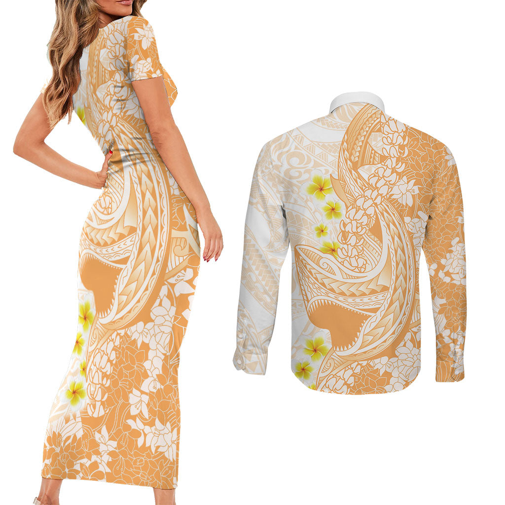 Orange Hawaii Shark Tattoo Couples Matching Short Sleeve Bodycon Dress and Long Sleeve Button Shirt Puakenikeni Lei Plumeria Polynesian Pattern LT14 - Polynesian Pride