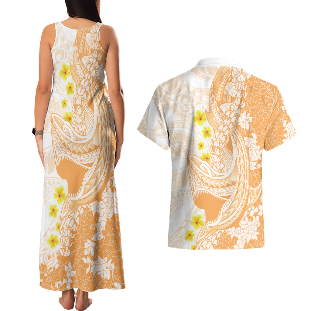 Orange Hawaii Shark Tattoo Couples Matching Tank Maxi Dress and Hawaiian Shirt Puakenikeni Lei Plumeria Polynesian Pattern LT14 - Polynesian Pride