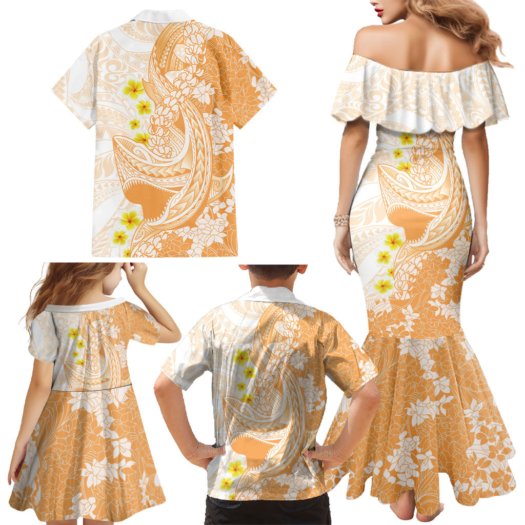 Orange Hawaii Shark Tattoo Family Matching Mermaid Dress and Hawaiian Shirt Puakenikeni Lei Plumeria Polynesian Pattern