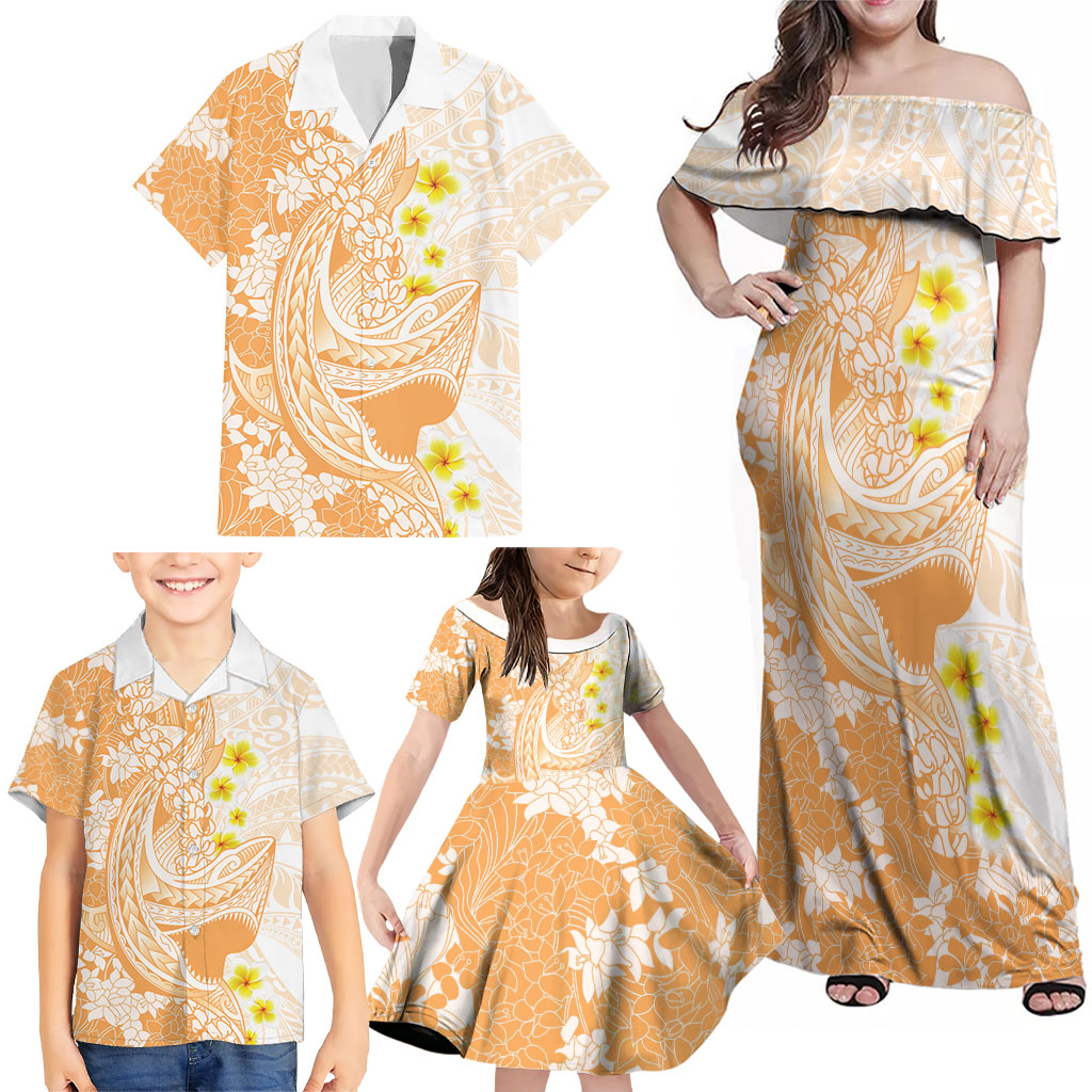 Orange Hawaii Shark Tattoo Family Matching Off Shoulder Maxi Dress and Hawaiian Shirt Puakenikeni Lei Plumeria Polynesian Pattern LT14 - Polynesian Pride
