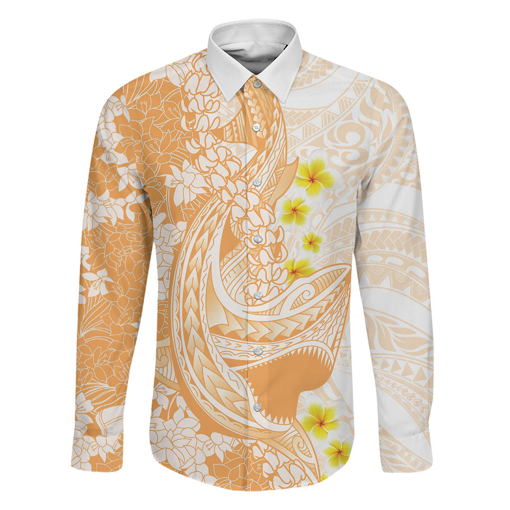 Orange Hawaii Shark Tattoo Family Matching Puletasi and Hawaiian Shirt Puakenikeni Lei Plumeria Polynesian Pattern LT14 Dad's Shirt - Long Sleeve Orange - Polynesian Pride