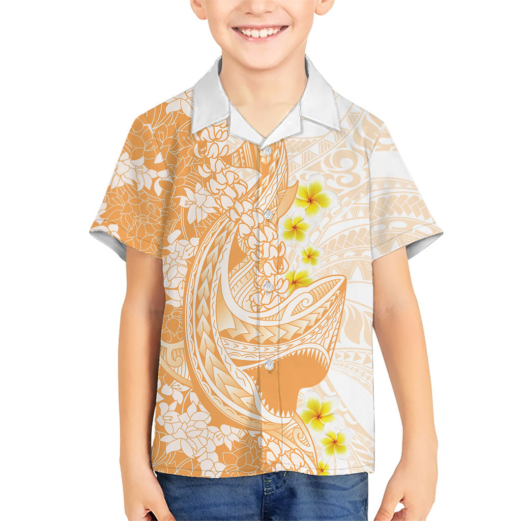 Orange Hawaii Shark Tattoo Kid Hawaiian Shirt Puakenikeni Lei Plumeria Polynesian Pattern