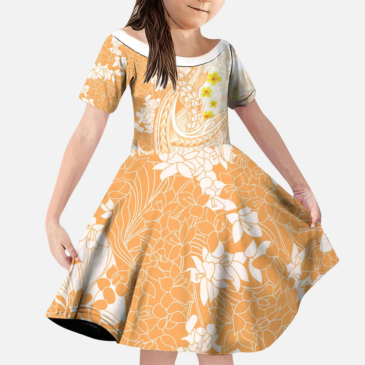 Orange Hawaii Shark Tattoo Kid Short Sleeve Dress Puakenikeni Lei Plumeria Polynesian Pattern