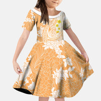 Orange Hawaii Shark Tattoo Kid Short Sleeve Dress Puakenikeni Lei Plumeria Polynesian Pattern
