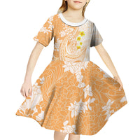 Orange Hawaii Shark Tattoo Kid Short Sleeve Dress Puakenikeni Lei Plumeria Polynesian Pattern