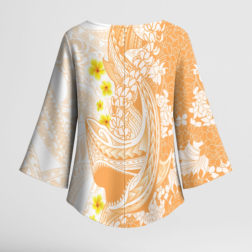 Orange Hawaii Shark Tattoo Kimono Sleeve Blouse Puakenikeni Lei Plumeria Polynesian Pattern