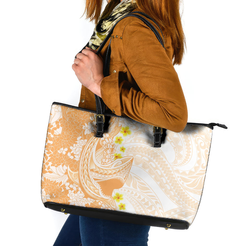 Orange Hawaii Shark Tattoo Leather Tote Bag Puakenikeni Lei Plumeria Polynesian Pattern