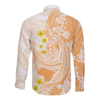 Orange Hawaii Shark Tattoo Long Sleeve Button Shirt Puakenikeni Lei Plumeria Polynesian Pattern