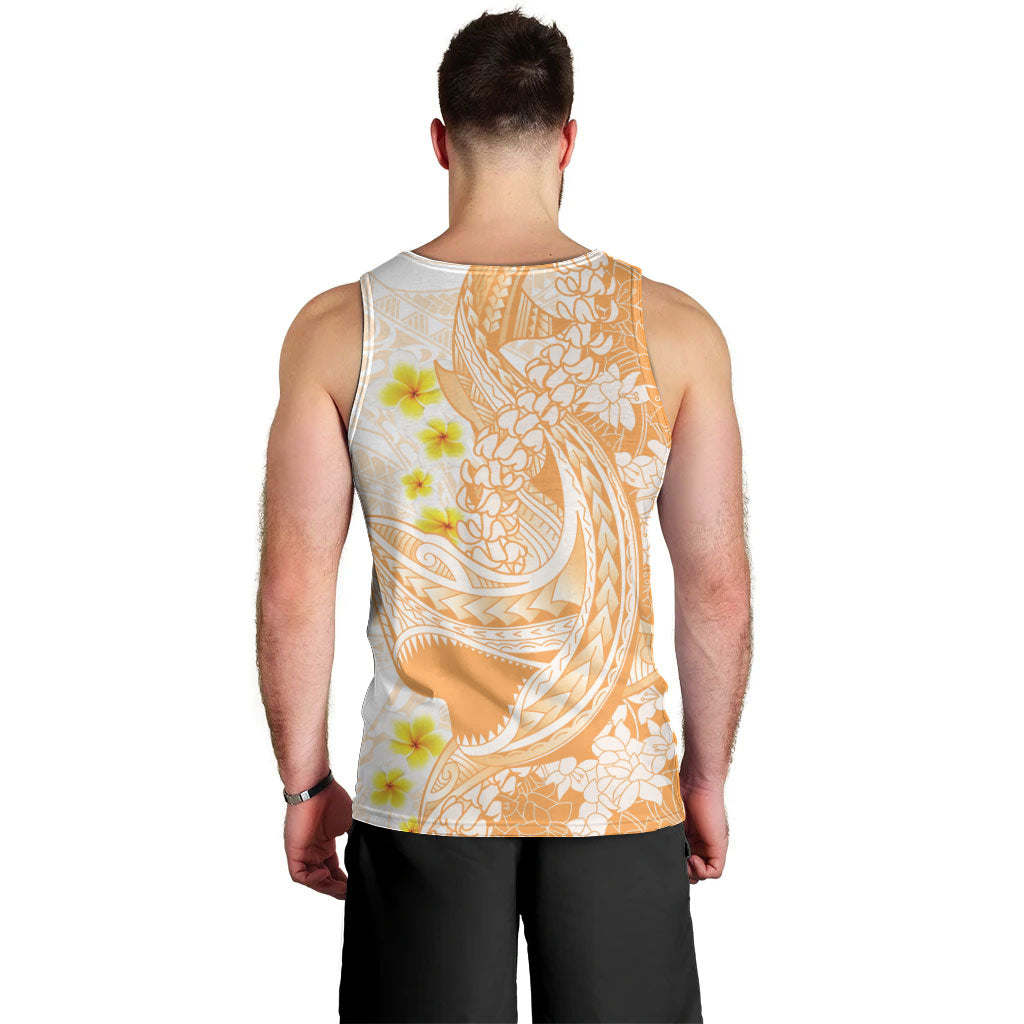 Orange Hawaii Shark Tattoo Men Tank Top Puakenikeni Lei Plumeria Polynesian Pattern