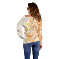 Orange Hawaii Shark Tattoo Off Shoulder Sweater Puakenikeni Lei Plumeria Polynesian Pattern LT14 - Polynesian Pride