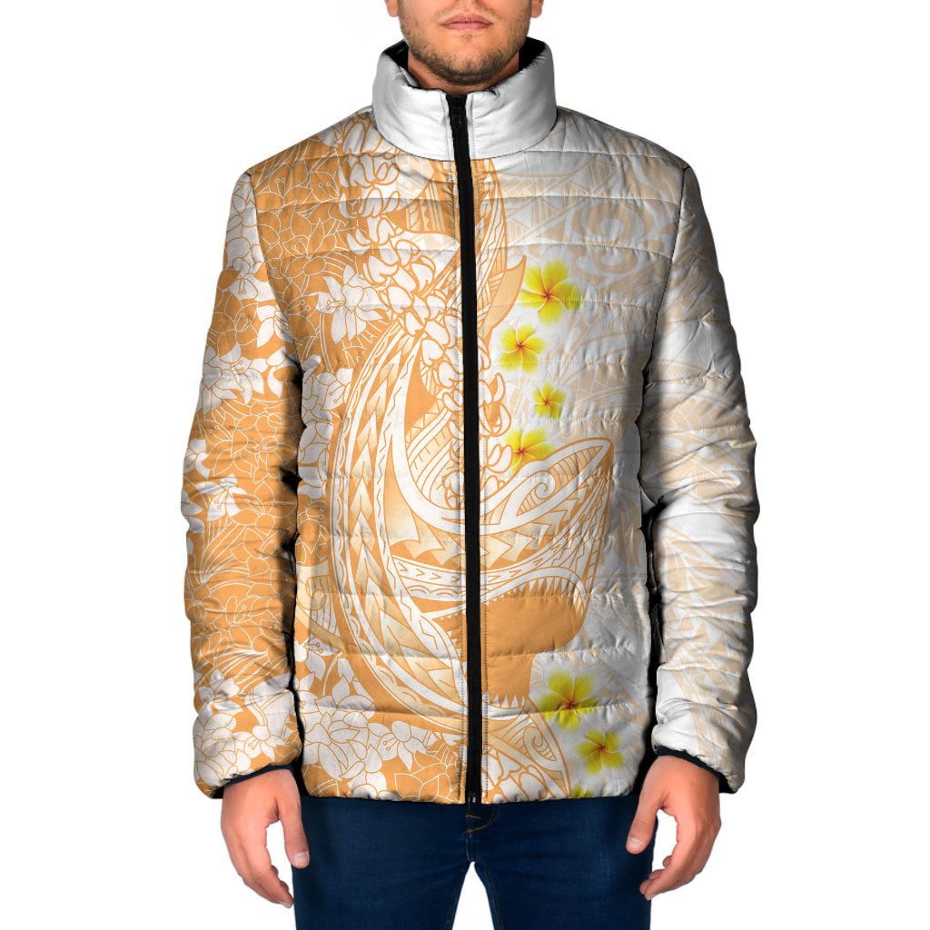 Orange Hawaii Shark Tattoo Padded Jacket Puakenikeni Lei Plumeria Polynesian Pattern LT14 Men Orange - Polynesian Pride