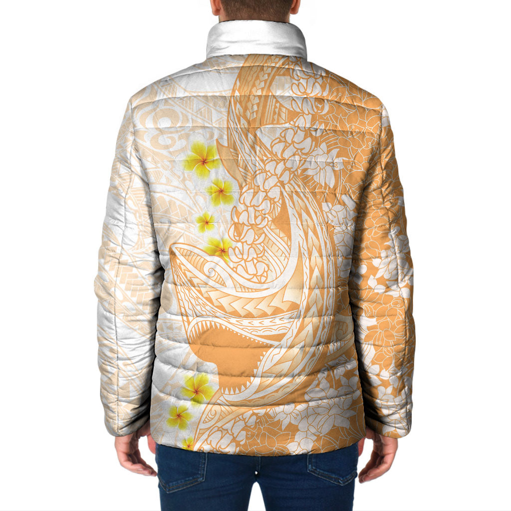 Orange Hawaii Shark Tattoo Padded Jacket Puakenikeni Lei Plumeria Polynesian Pattern LT14 - Polynesian Pride